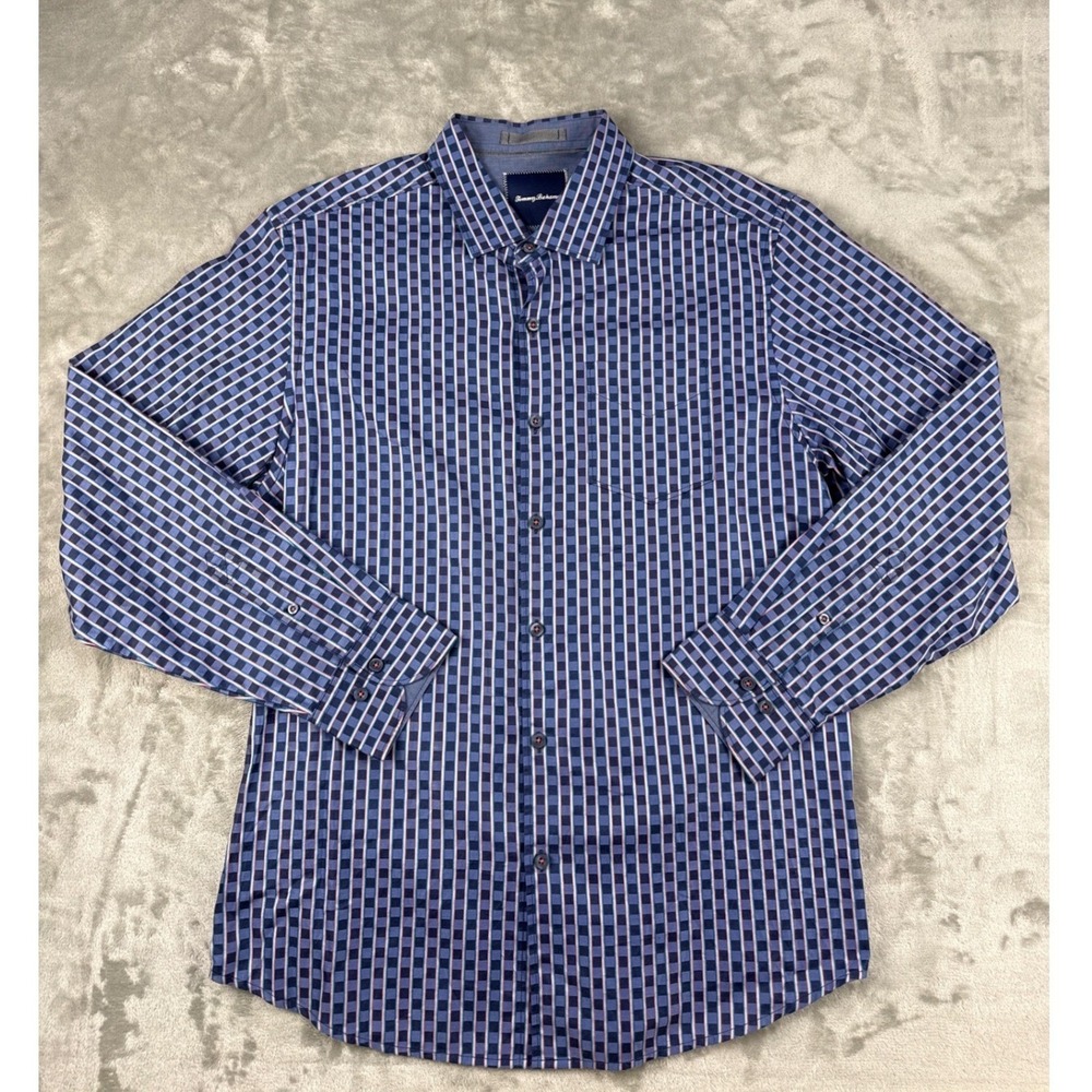Tommy Bahama Mens Island Modern Fit Blue Purple Geometric Grid Cotton Shirt L